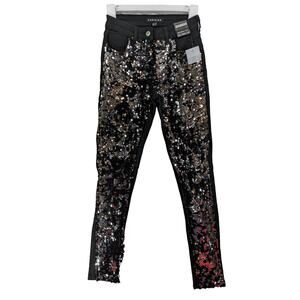 Parisian Sequin Jeans Womens 2‎ Black Silver Skinny Concert Mid Rise Embellished